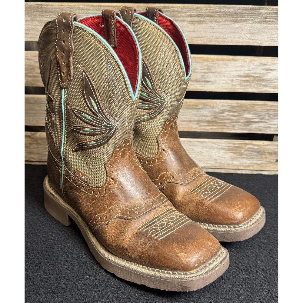Justin Gypsy L9536 Womens 7.5 B Brown Leather Square Toe Western Work Boots - Picture 4 of 13